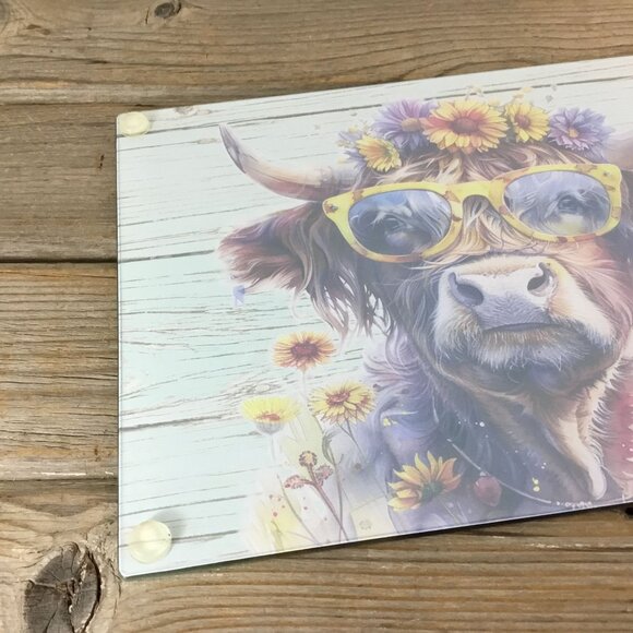 Boho Hippie Highland Cow Glass Cutting Board - Picture 7 of 8